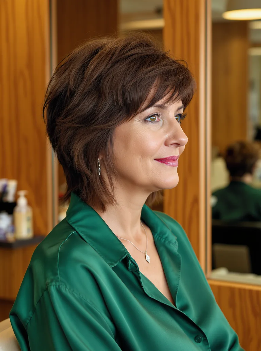 Chocolate Brown Wavy Layered Bob with Side Bangs